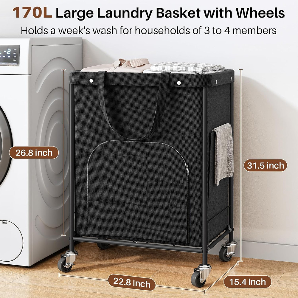 170L Large Laundry Basket with Wheels, Rolling Laundry Hamper Easy Access Clothi