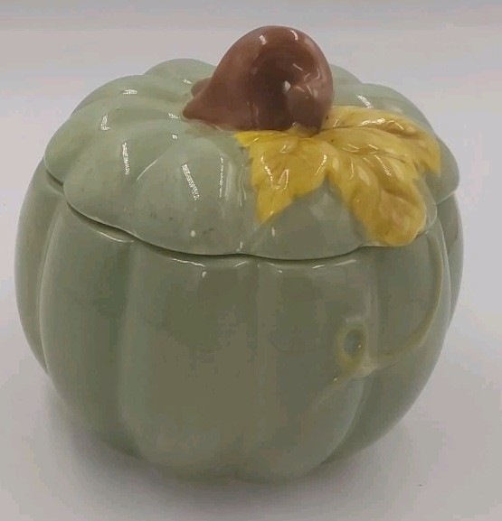 Ceramic Sage Green Pumpkin With Leaf Candy Dish