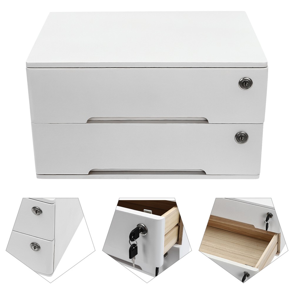 White Lockable 2-Drawer Desktop Storage Cabinet for Home Office Organization