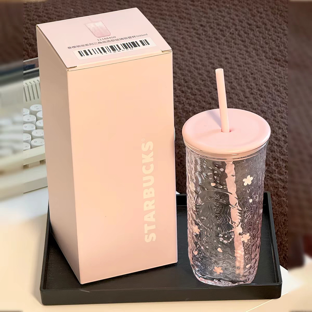 2026NEW Starbucks Spring Sakura Cute Pets Series Pink Triangular Glass Straw Cup