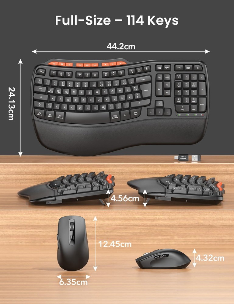 Ergonomic Wireless Keyboard Mouse Combo 2.4G Full Size Wave Palm Rest USB