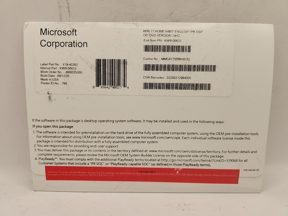 NEW Microsoft Windows 11 Home 64-Bit Software OEM Version 24H2