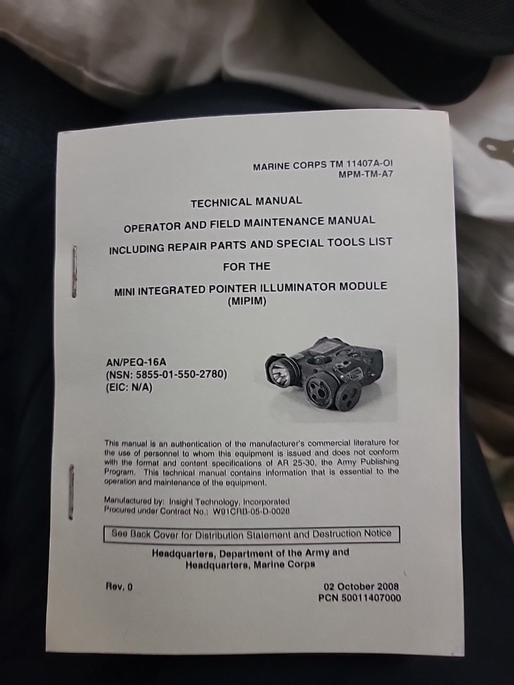 AN/PEQ-16A Pouch, Technical Manual, Laminated Card+Pattern diffusers+straps NEW