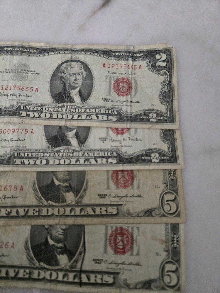 1963 2 Five Dollar & 2 Two Dollar Bills - Red Seal