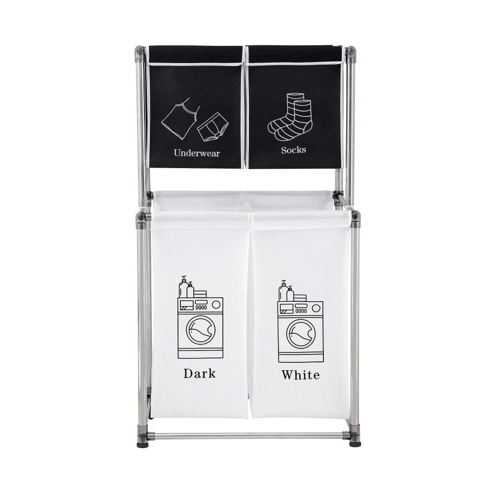 2 Tier Laundry Sorting Basket with 4 Removable Pouches for Organizer
