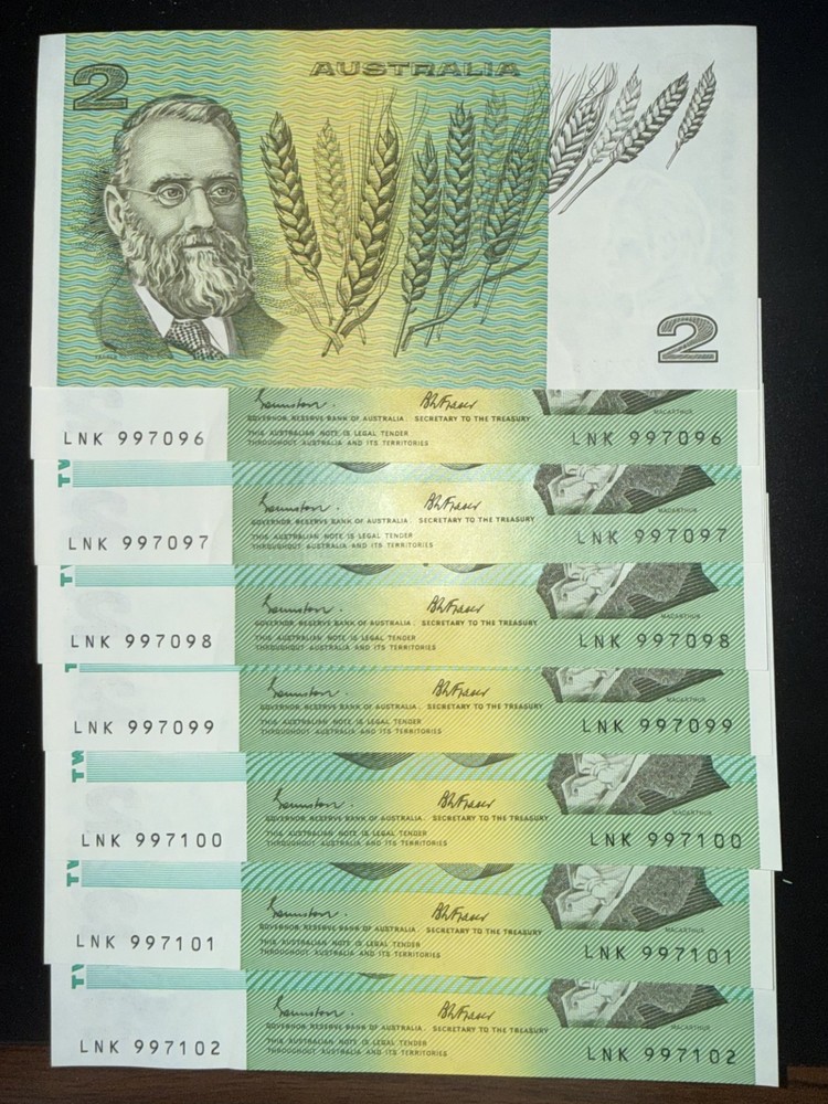 8 Consecutive Australian $2 Paper Notes 1985 Johnston Fraser UNC Prefix LNK