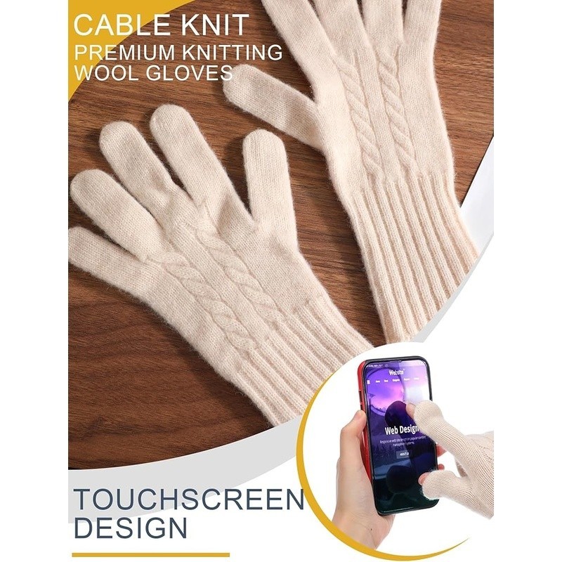 Warm Wool Gloves Touchscreen Compatible Cable Knit Ribbed Cuffs Winter Use