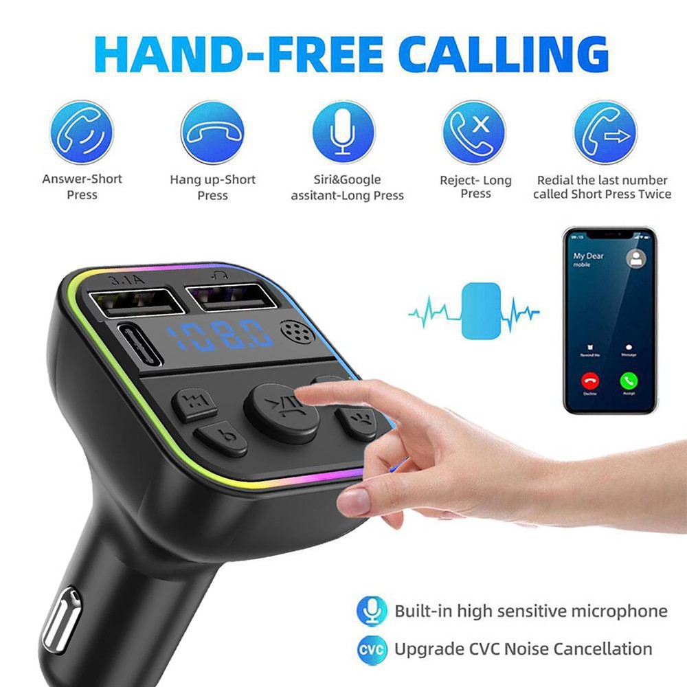 Car FM Transmitter Adapter Bluetooth 5.0 Type-C Dual USB Fast Charger Adapter