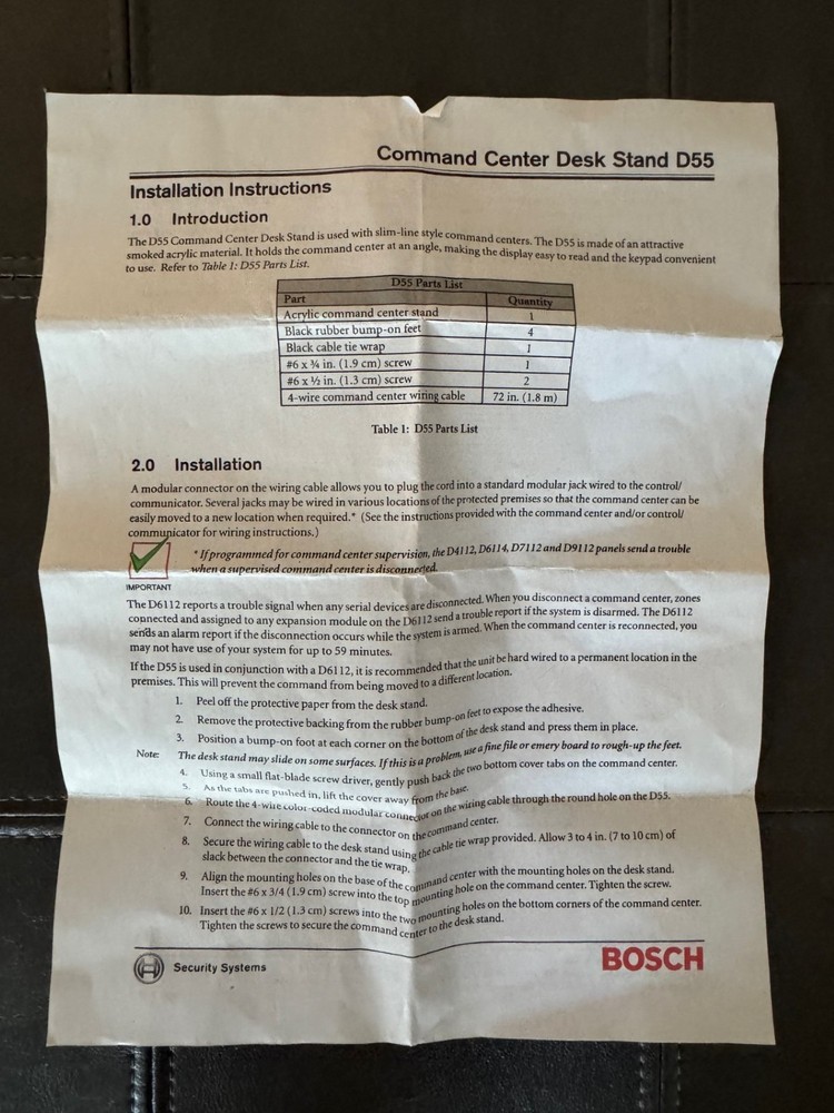 Bosch D55 Command Center Desk Stand-New