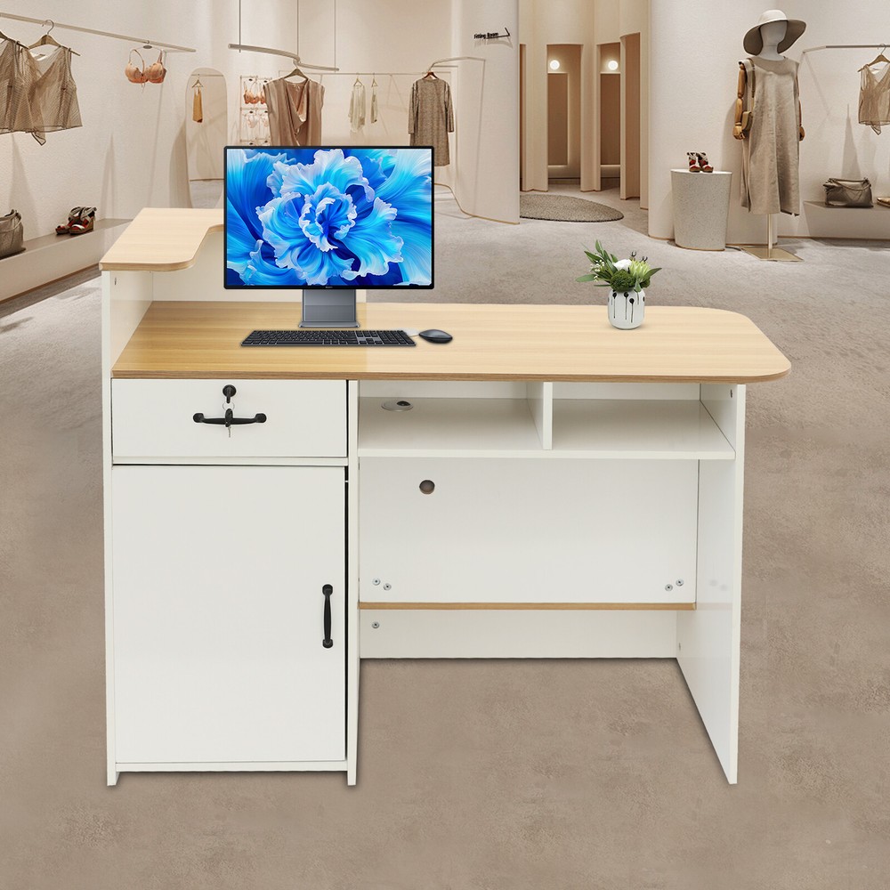 Rectangular Modern Reception Desk Reception Counter Table w/ Lockable Drawer
