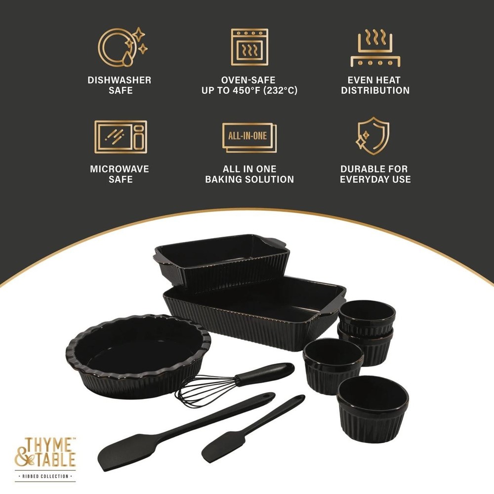 Thyme & Table Black Ceramic Bakeware Set – 10-Piece Stoneware NEW