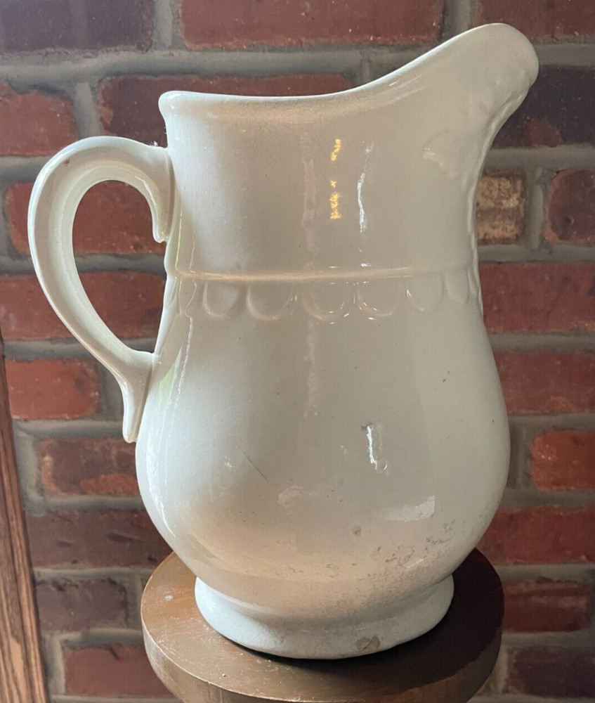 Vintage Off-White Pitcher, 10"H, Leaves