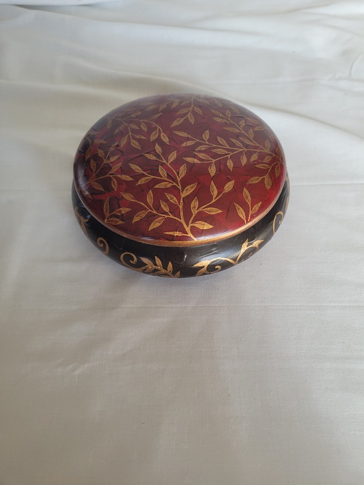 Nice black, red & gold vine & leaf large ceramic trinket jar, candy dish