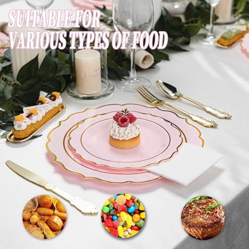 350PCS Plastic Plates, Gold Plastic Dinnerware Sets for 50 Guests, Include Pink