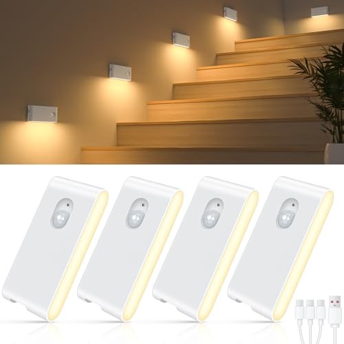 Stair Lights Indoor,Warm Rechargeable Night Light,Wireless Motion 4 Pack White
