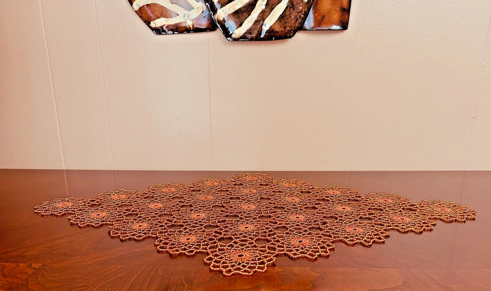 HANDMADE COPPER CROCHET BEADED DOILY 24/15"