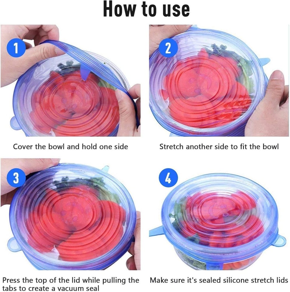 6 Pack Silicone Stretch Lids - Adjustable Sizes, Keeps Food Fresh & Spill-Proof