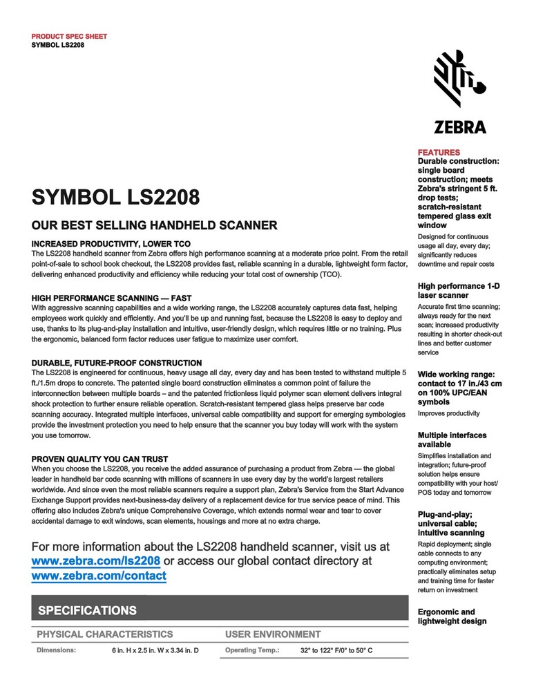 Zebra Symbol Laser Barcode Scanner LS2208-SR20007R-NA Handheld 1D Reader Scanner