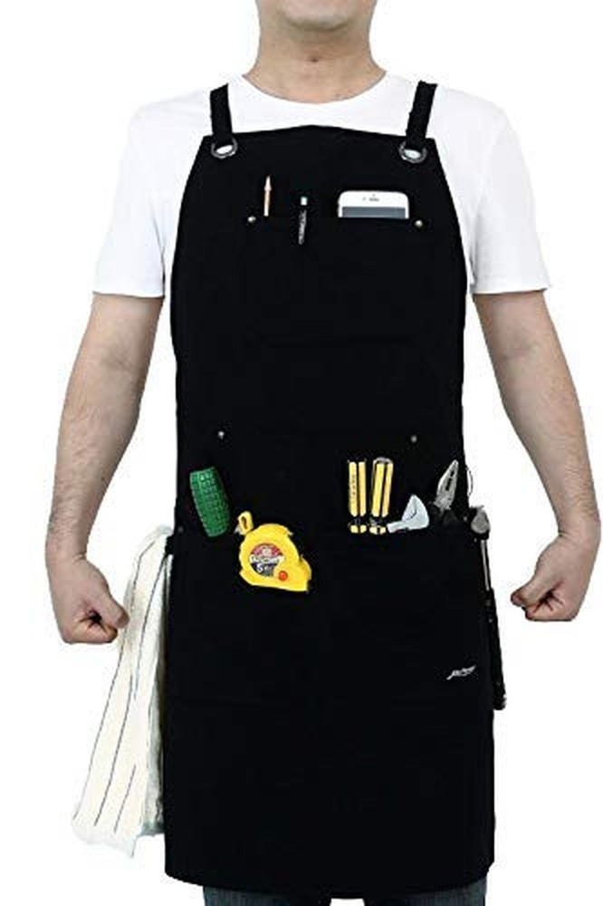 Heavy Duty Canvas Work Apron,Tool Pockets, Back Straps Adjustable（black&#