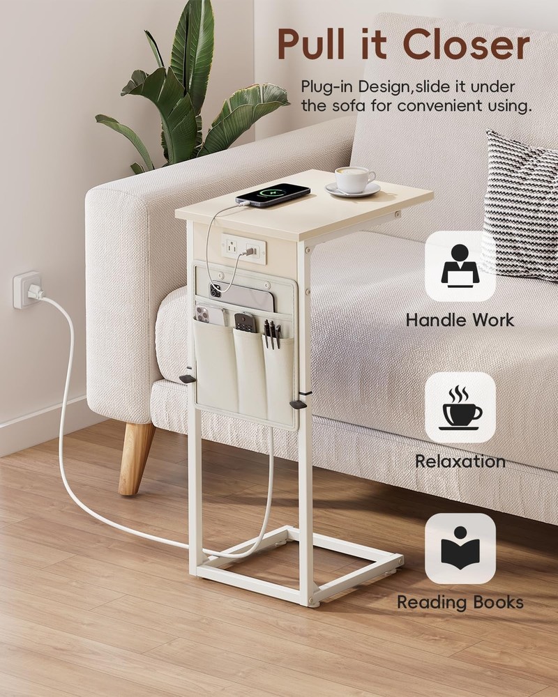 C Shaped End Table W/ Charging Station Adjustable Height Side Table Couch Small