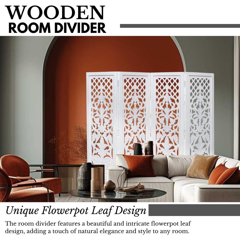 Room Divider Wood Screen Panel – White, 4-Panel Folding 64"x54", Hand-Carved,...