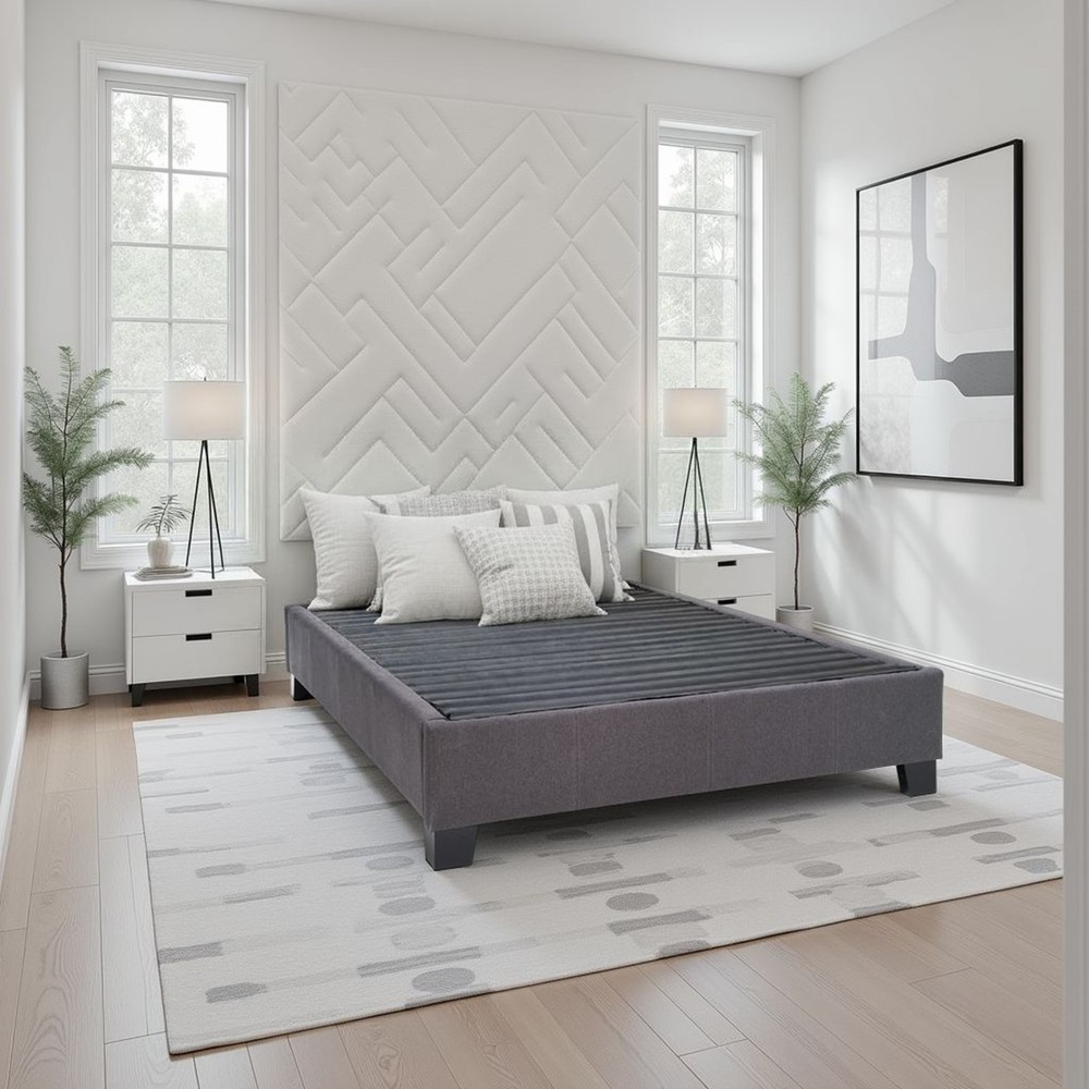 Modern Contempo King Upholstered Bed Platform Base, Charcoal Grey