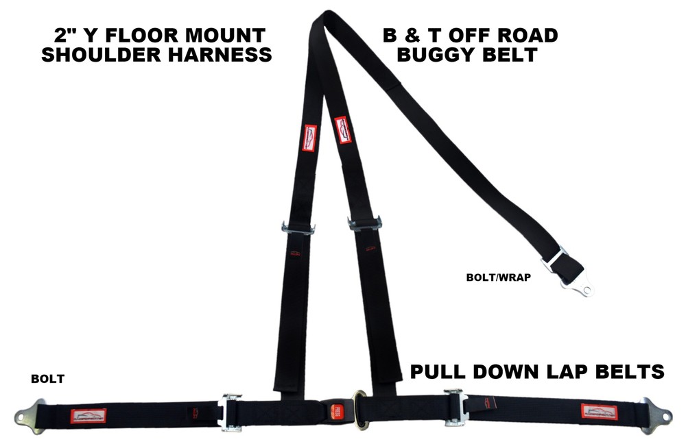 2" FLOOR MOUNT 3 POINT HARNESS SEAT BELT BOLT IN PULL DOWN LAP BELTS BLACK