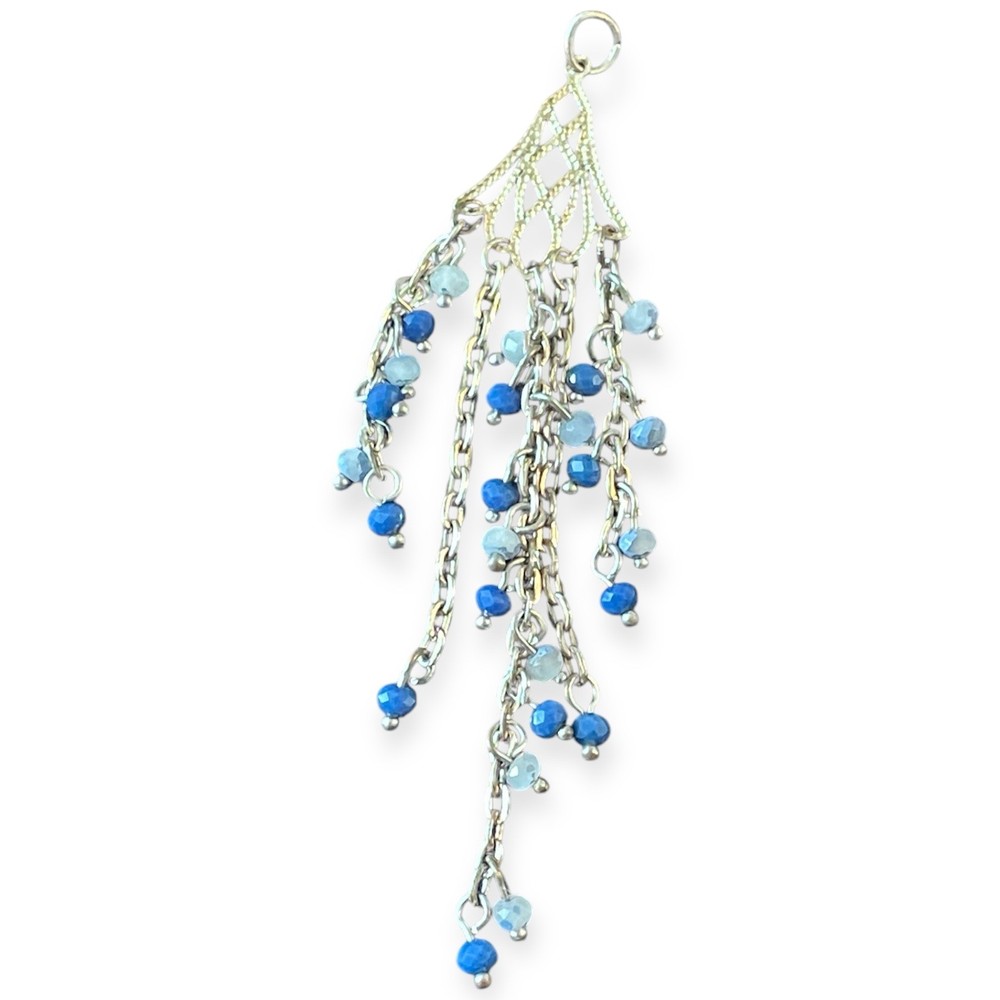 Long Silver Tone Chandelier Pendant | Blue Beaded Dangle Statement Charm