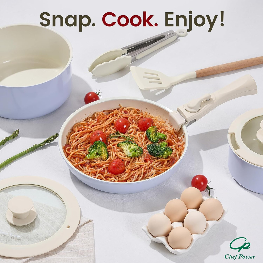 Ceramic Nonstick Pots and Pans Set 19 Piece with Detachable Handle,