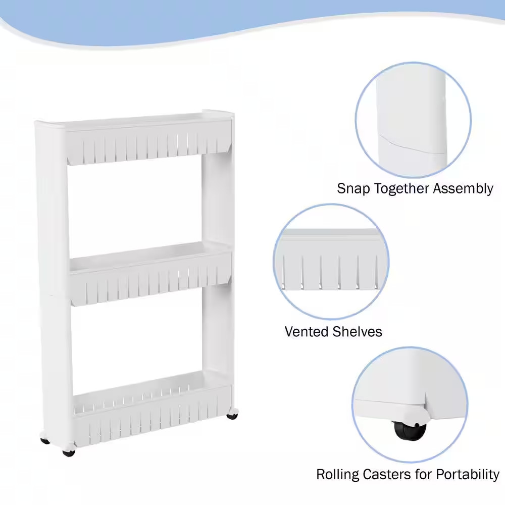 3-Tier White Slim Slide Out Pantry Storage Tower with Wheels