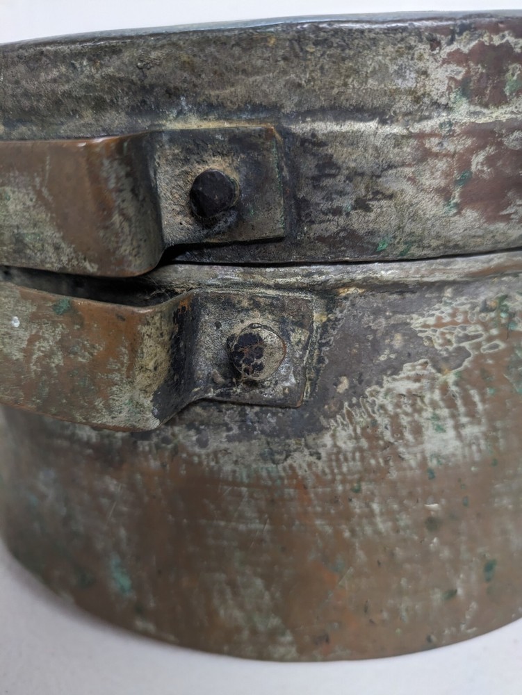 Vintage Handmade Copper Pot with Riveted Handles & Flat Lid Tin Lined Primitive