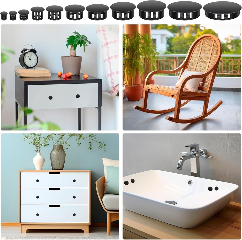 200Pcs 9 Sizes Nylon Plastic Hole Plugs Black Round Hole, Flush Type Panel