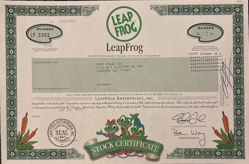 Leapfrog Stock Certificate- 1 Share- VF