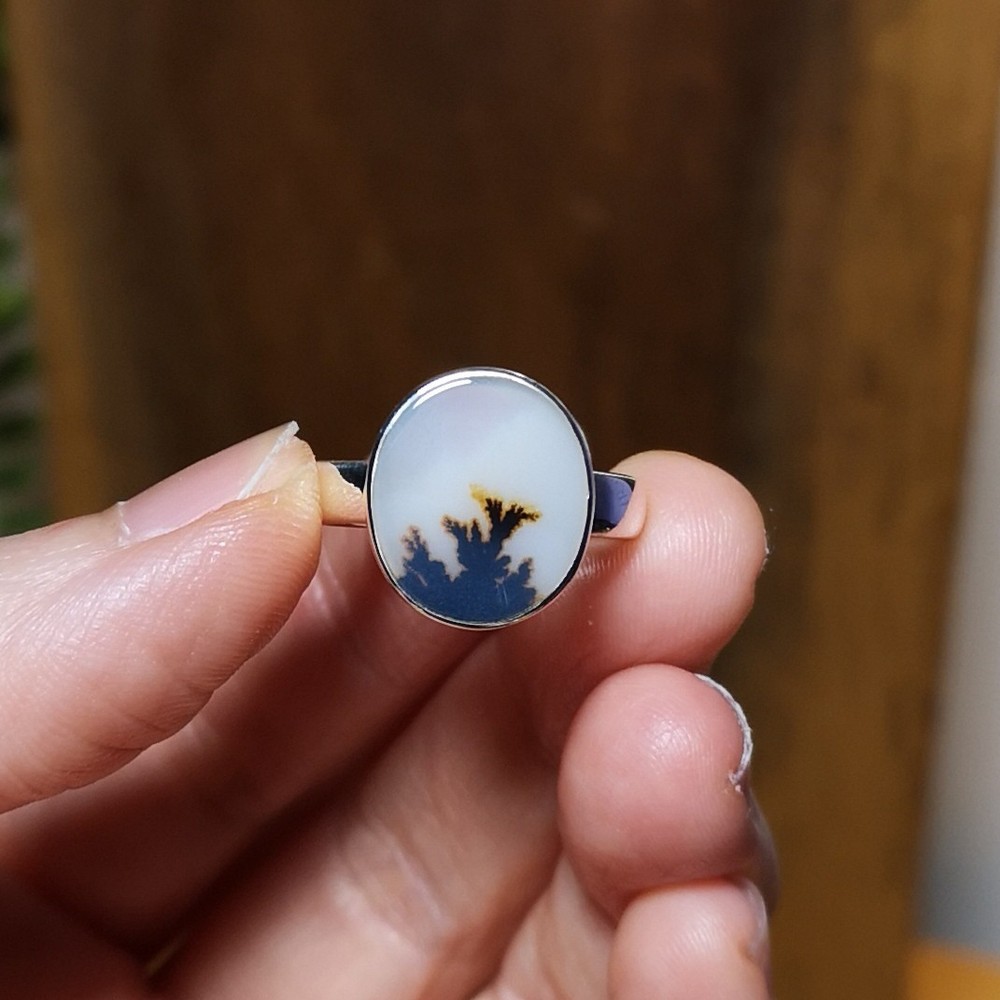 Beautiful Dendritic Agate Sterling Silver Ring US ring size 8
