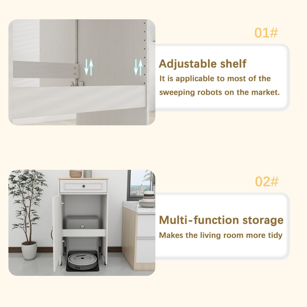 Robot Vacuum Stand with Wheels, Storage Cabinet with Doors & Drawers
