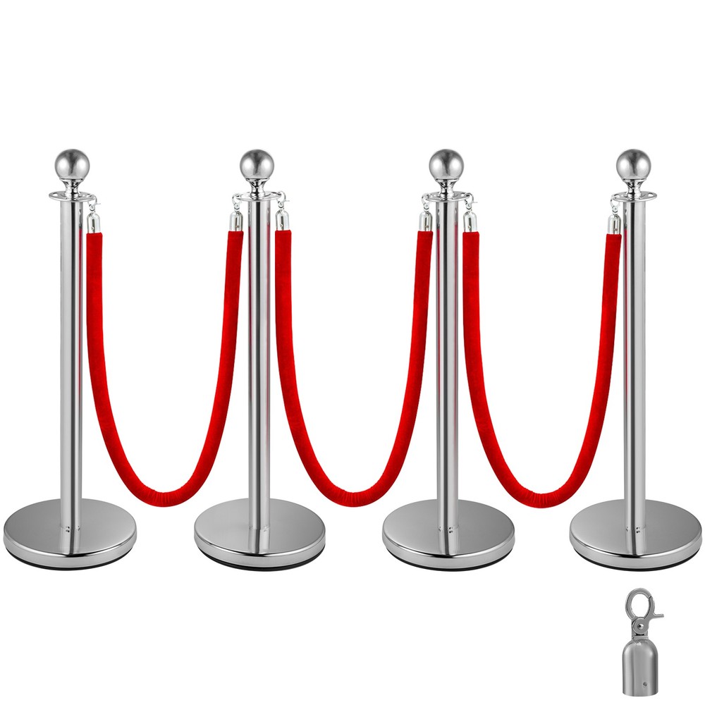 Crowd Control Stanchion Silver 4x37.8" Pack 3 Ropes Queue Posts Stable Red