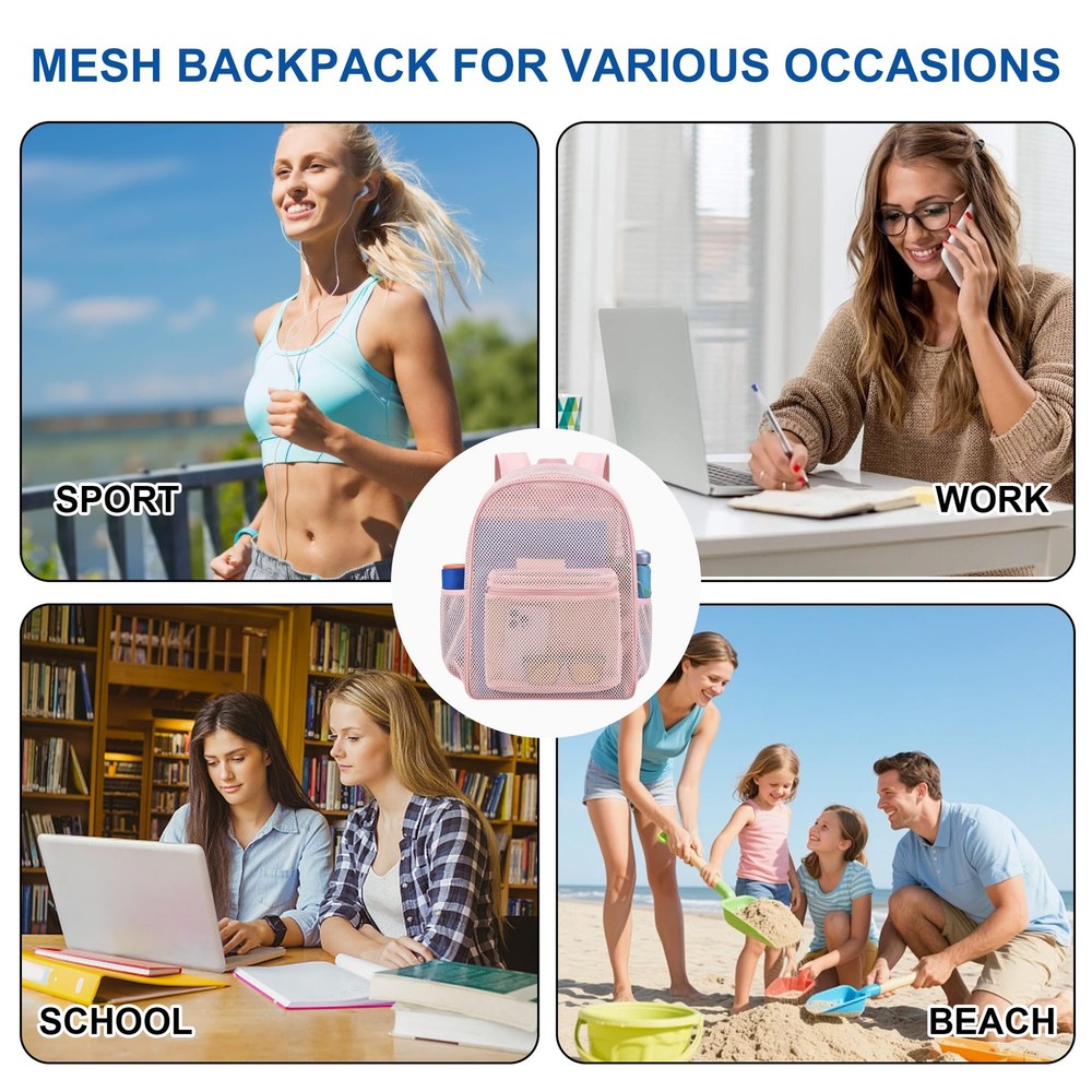 Heavy Mesh Backpack with Rain Cover,See Through Mesh Backpack for School,Beac...