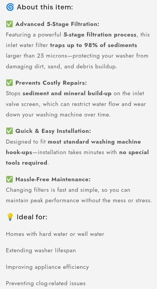 85470 Washing Machine Inline Water Filter System