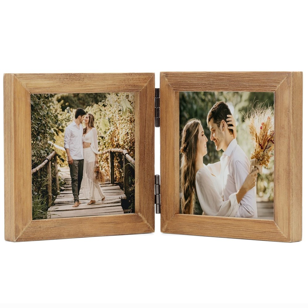 Double 4X4 Picture Frames Hinged Folding Rustic Photo Frames in Brown for Wal...