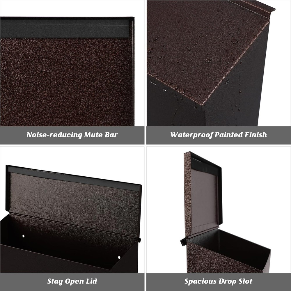 Elegant Wall-Mount Mailbox in Bronze, Durable Rust-Proof Galvanized Steel