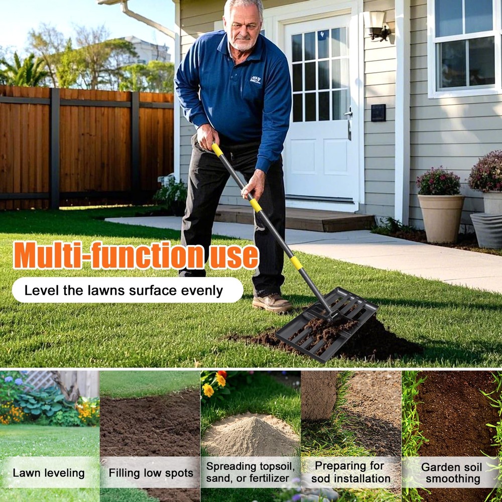 Lawn Leveling Rake, 72 Inch Adjustable Long Handle Leveling Rake, Black Heavy...