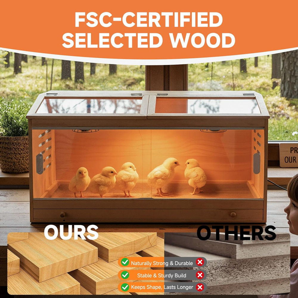 Large Drawers Brooder Box for Chicks Wooden Chicken Brooder Box, with 3 Heating