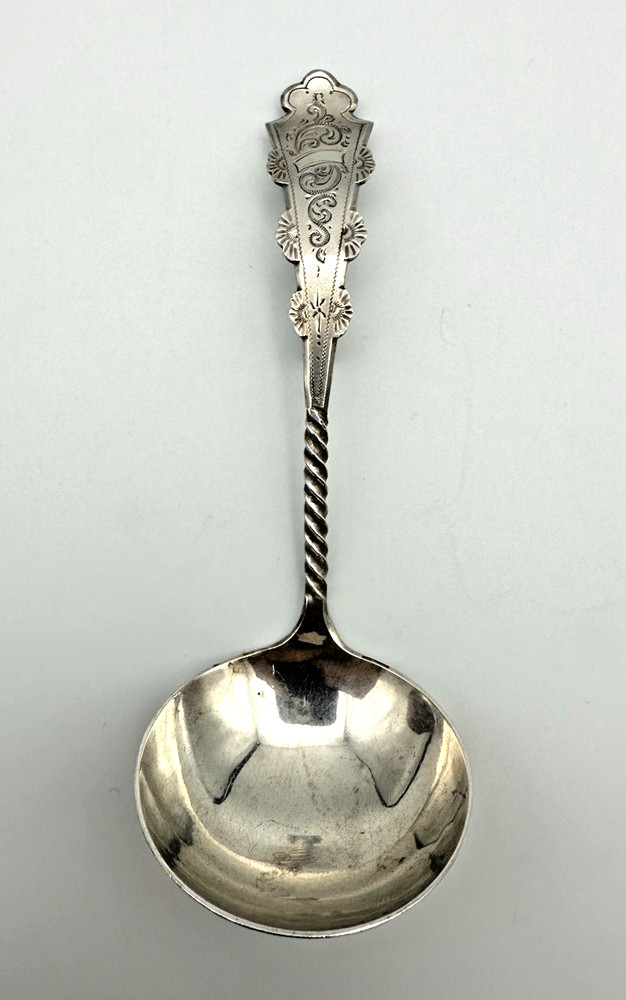 Antique Dutch Silver Ladle - Etched Handle with Twist Stem - Hook Back - Signed