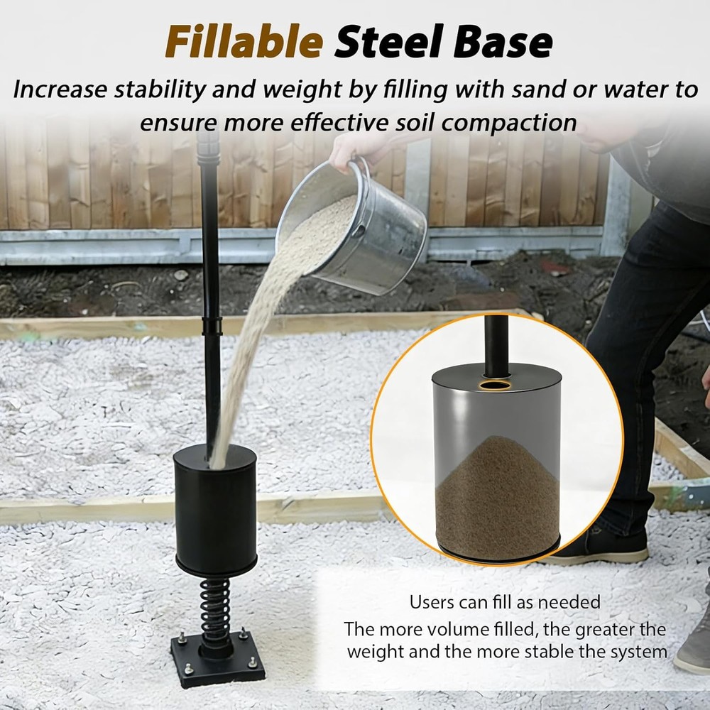 Heavy Duty Tamper Tool, Fillable Steel Base, Buffer Spring, Adjustable Handle