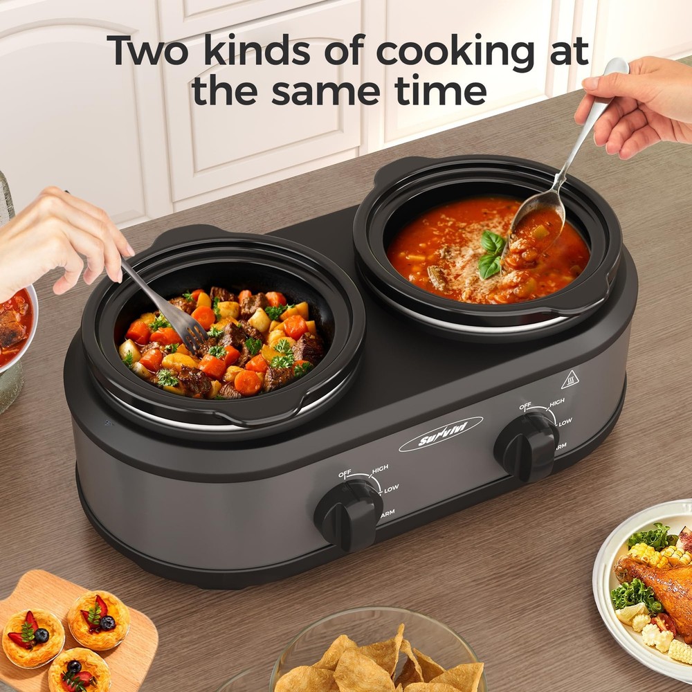 Dual Slow Cooker, Buffet Server & Warmer with 2 Removable Ceramic Pots, 3 Adj...
