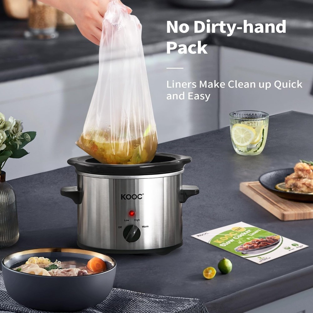 2 Qt Stainless Steel Slow Cooker with Liners, Adjustable Temp Silver