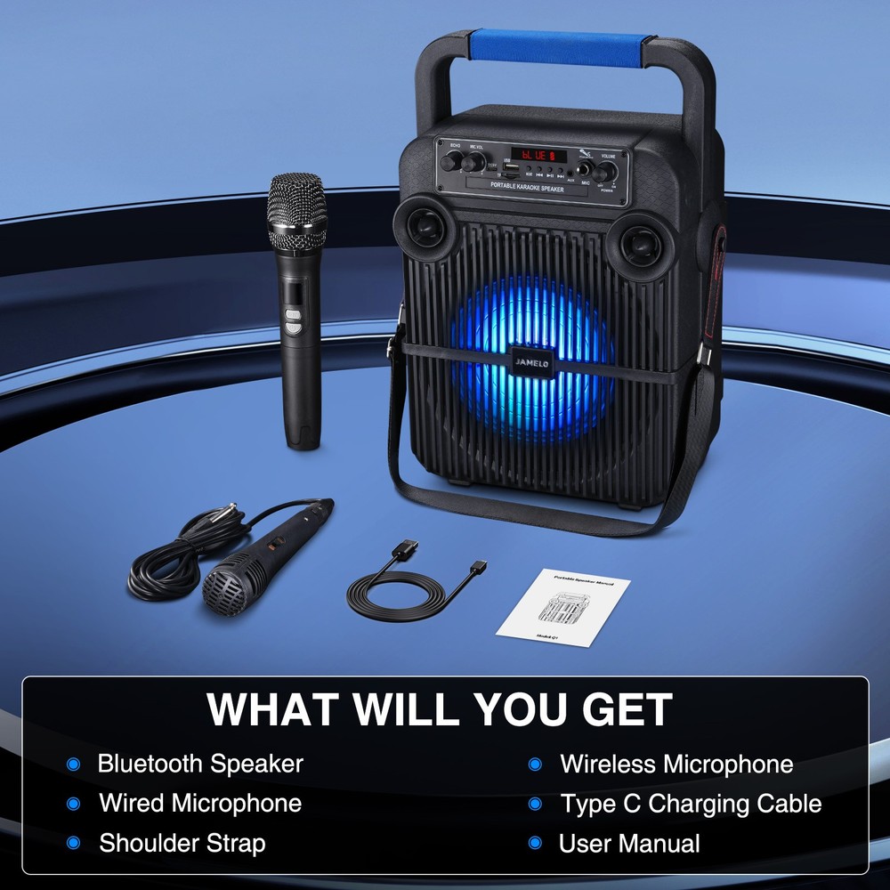 JAMELO Bluetooth Speaker Karaoke Machine with 1 Wireless Microphone/1 Wired Mic