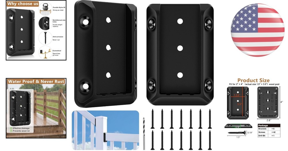 6 Durable Deck Railing Bracket Connectors with Screws & Drill Bit for 2x4 Posts