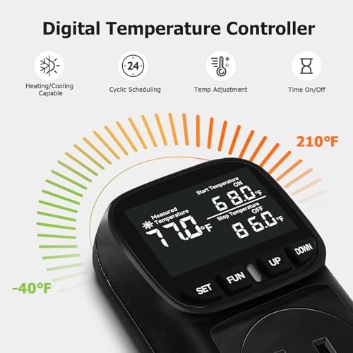 Reptile Thermostat Temperature Controller, Digital Timer Dimming Outlet Black
