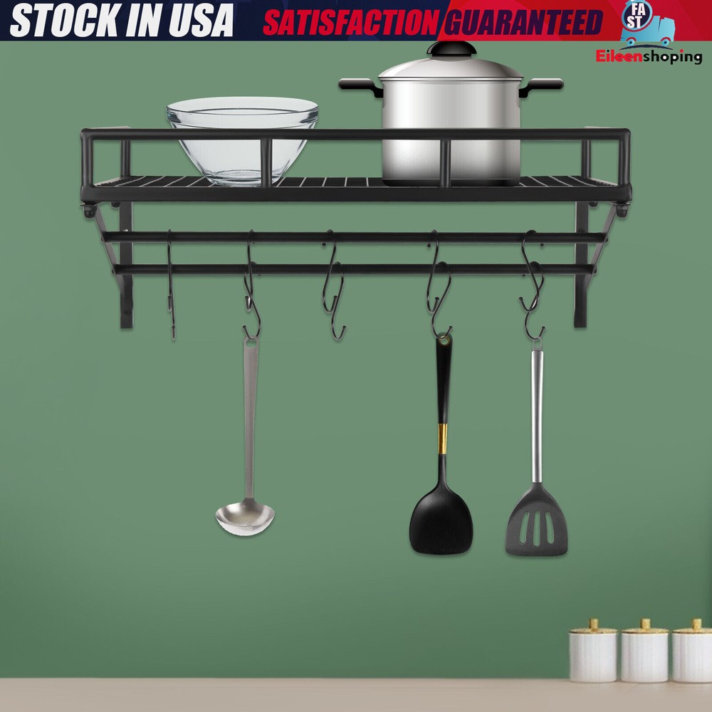 Kitchen Wall Mounted Storage Shelf Cookware Pan Pot Organizer Rack with 10 Hooks